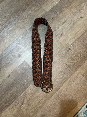 Fossil Woven Brown Leather Belt with Round Gold Buckle